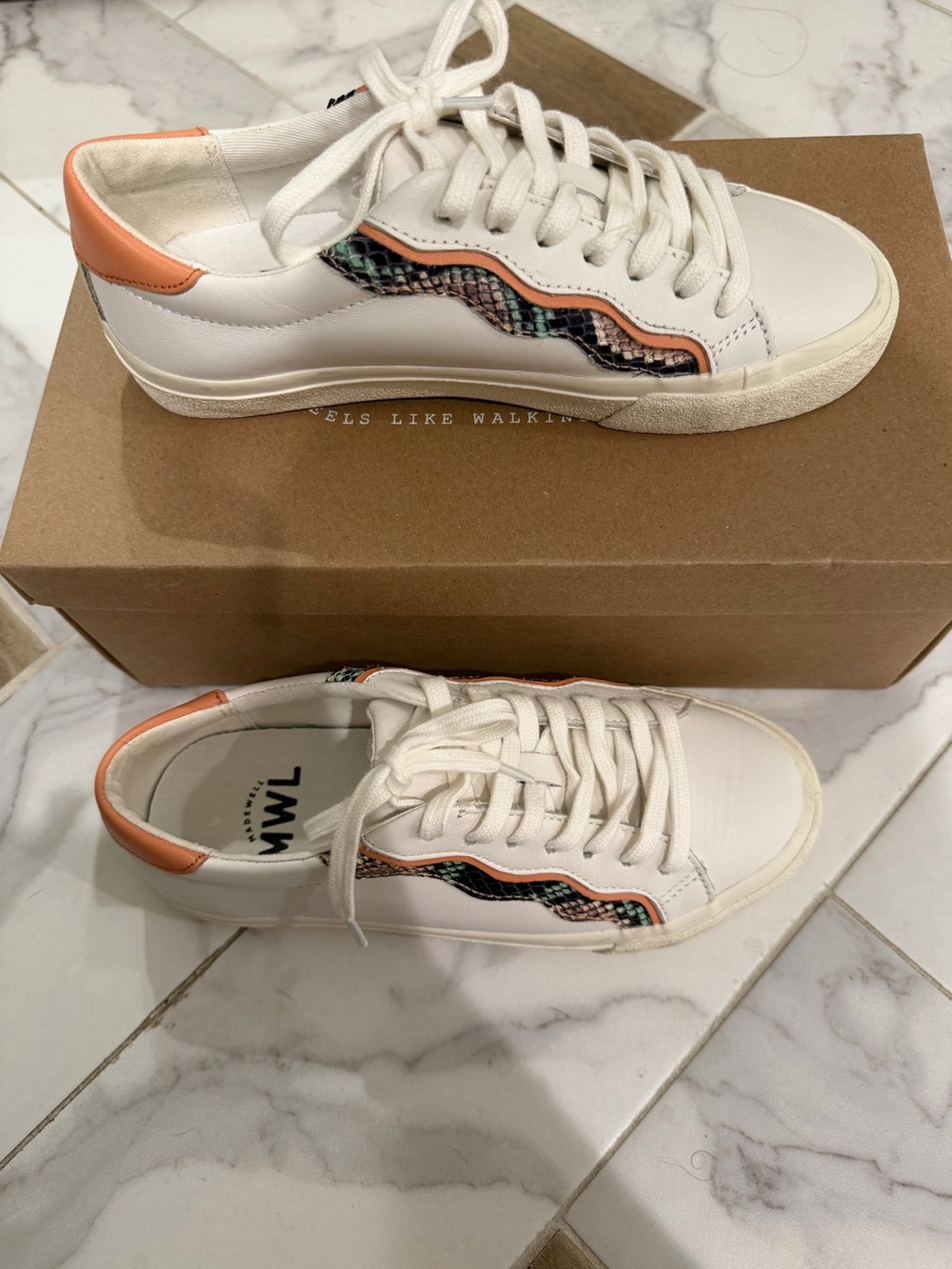 Madewell White Leather Sneakers with Coral Heel and Multicolor Snake Detail